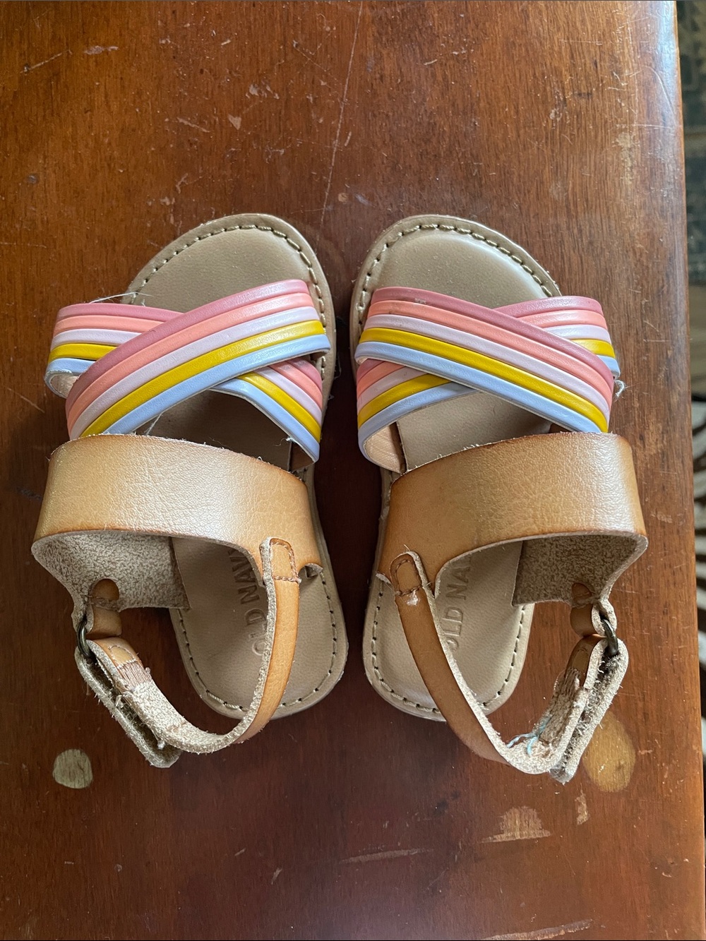 Girls Tan Sandals with Pink, Yellow & White Straps